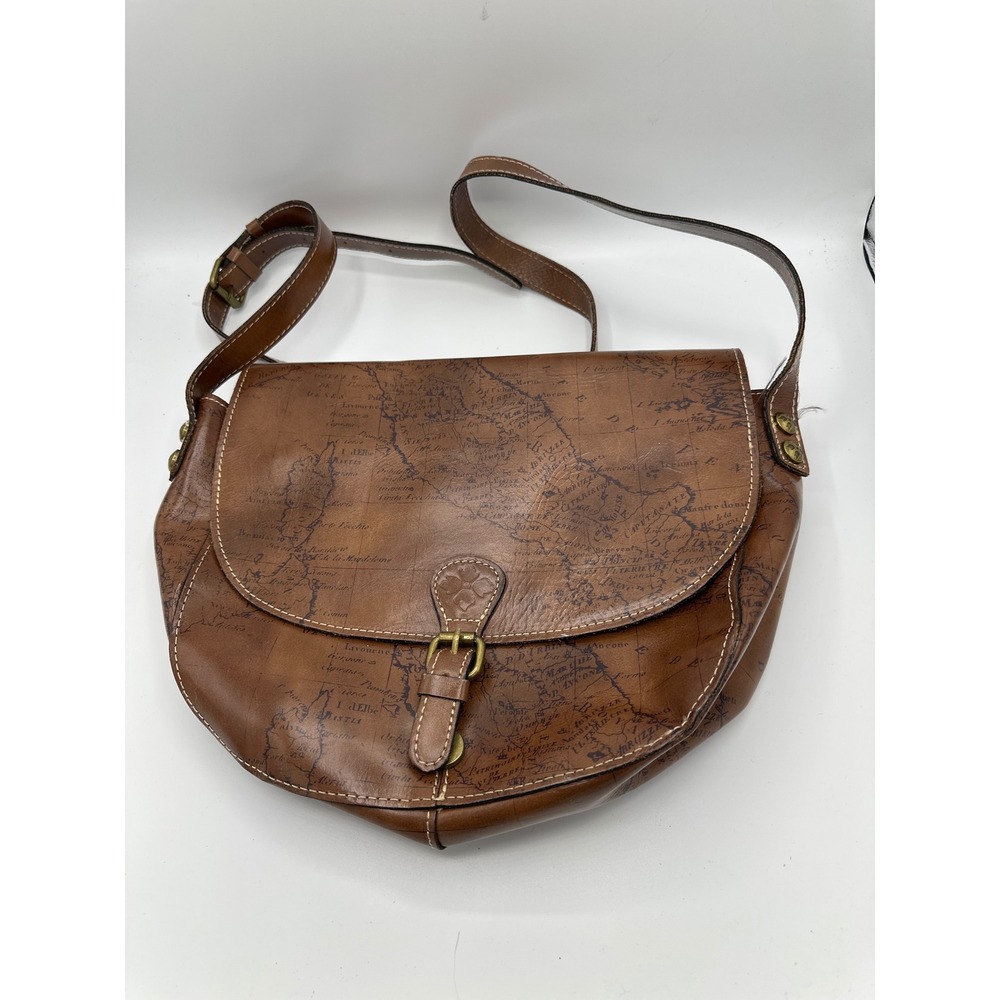Patricia Nash Brown Leather Vintage Map Print Crossbody Saddle Bag Messenger